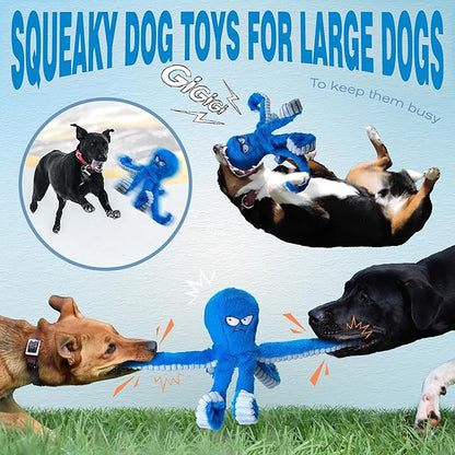 LEGEND SANDY Tough Dog Toys, Stuffed Chew Large Dog Toys to Keep Them Busy, Interactive Squeaky Tug of War Doggie Toy, Crinkle Blue Octopus