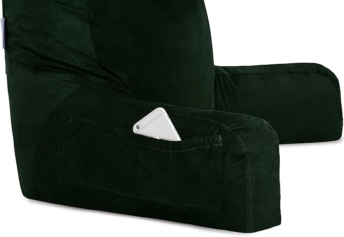 Husband Pillow XXL Aspen Edition, Adult Reading Sit Up Bed Rest Pillow for Bed with Arms & Neck Roll on Bungee Cord - Premium Memory Foam, Reversible 2 Sided Cover Micro Suede or Plush, Ramona Green