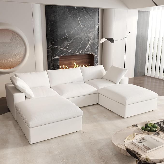 Cloud Modular Sectional Sofa Couch,U Shaped Couch 5 Seater for Living Room,120" Convertible Couches with Storage Ottoman, Covers Washable&Replaceable,White