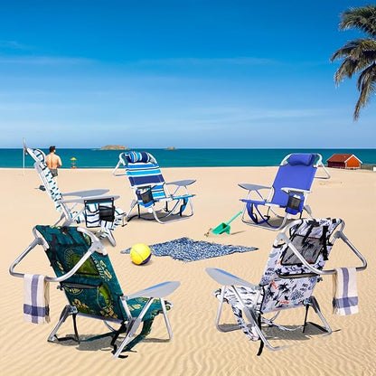 Canpsky Portable Beach Chair for Adults, Outdoor Camping Chair Lay Flat Folding Backpack Beach Reclining Chair with 5 Positions, Headrest, Cup Holder, Heavy White Striped