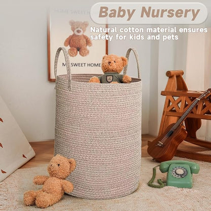 Large Woven Laundry Basket Hamper,100L Cotton Rope Storage Bin for Blankets,Toys and Clothes,Decorative Tall Nursery Hamper for Living Room,Baby Nursery,Bathroom and Bedroom,Oatmeal