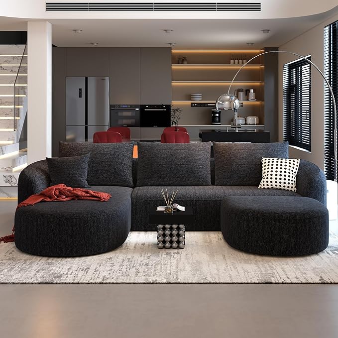 111" Modular Sectional Couches Luxury Modern Curved Back U-Shape Sofa Set with Ottoman,Minimalist Comfy Boneless Cloud Couch for Living Room Apartment,(Left Facing Chaise,Black)