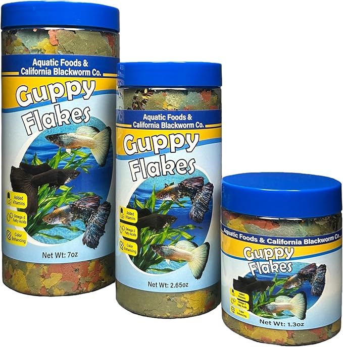 Aquatic Foods Inc. Guppy Premium Flakes, for Guppies, Endler Guppies, Mollies, Platys, Swordtail Fish, All Live Bearer Tropical Fish, 4-Type Wafer Mix & 12-Type Pellet Mix Included...7.0oz Canister
