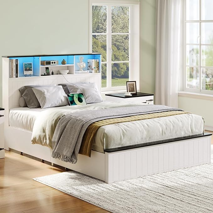 Yoobure Queen Bed Frame with Headboard - Farmhouse Wood Bed Frames Queen Size with 4 Storage Drawers, Platform Beds with Charging Station & LED Light, No Noise Double Bedframe, No Box Spring Needed