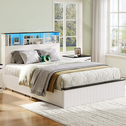 Yoobure Queen Bed Frame with Headboard - Farmhouse Wood Bed Frames Queen Size with 4 Storage Drawers, Platform Beds with Charging Station & LED Light, No Noise Double Bedframe, No Box Spring Needed