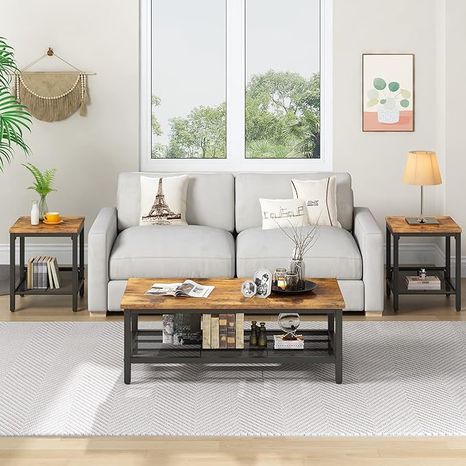 AWQM Coffee Table Industrial Coffee Table with 2 Square End Side Tables, Modern Living Room Table Set with Metal Frame for Apartment Home Office, Rustic Brown Set001
