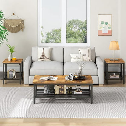 AWQM Coffee Table Industrial Coffee Table with 2 Square End Side Tables, Modern Living Room Table Set with Metal Frame for Apartment Home Office, Rustic Brown Set001