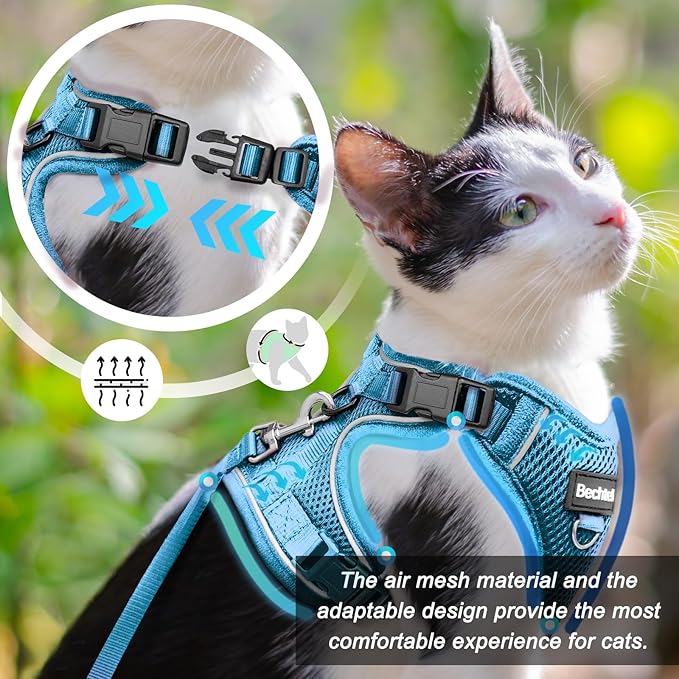 Cat Harness and Leash for Walking, The Upgrade Can be Adjusted in Four Directions and Breathable Cat Harness for Anti Escape That can be Fitted and Positioned, Reflective Strips Harness, Blue, XS