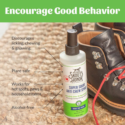 Skout's Honor Super Sour! Anti Chew Spray - Natural Ultra Bitter Formula to Help Deter That unwanted Chewing, Licking, and Biting - Safe for Pets - Safe for Indoor and Outdoor Use, 8 oz