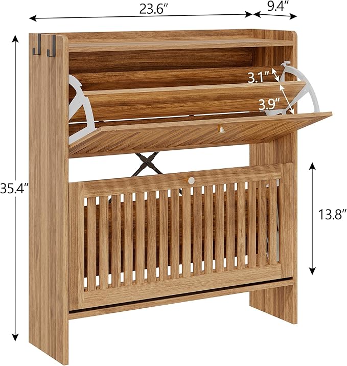 wanan 31.5" Shoe Cabinet with 2 Flip Slatted Drawers, Adjustable & Removable