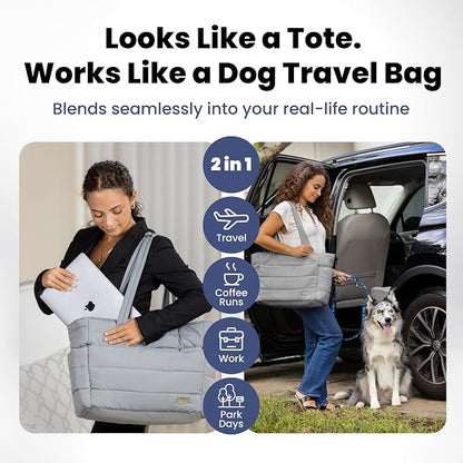 Puffer Dog Travel Bag for Dog Moms, Diaper Bag with Travel Bowls | 2 BPA-Free Collapsible Bowls, 2 Pet Food Containers, 9 Pockets, Everyday Puffer Bag Works With or Without Your Dog, Grey