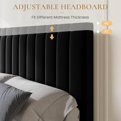 SHA CERLIN King Size Platform Bed Frame with 4 Storage Drawers, Vertical Channel Tufted Adjustable Headboard, Velvet Upholstered, Wooden Slats Support, No Box Spring Needed, Easy Assembly, Black