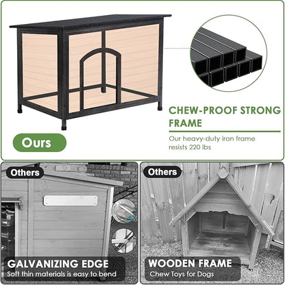 Outdoor Dog House Weatherproof with Door Dog Kennel Chew-Proof Metal Frame Removable Roof/Floor for Easy Cleaning