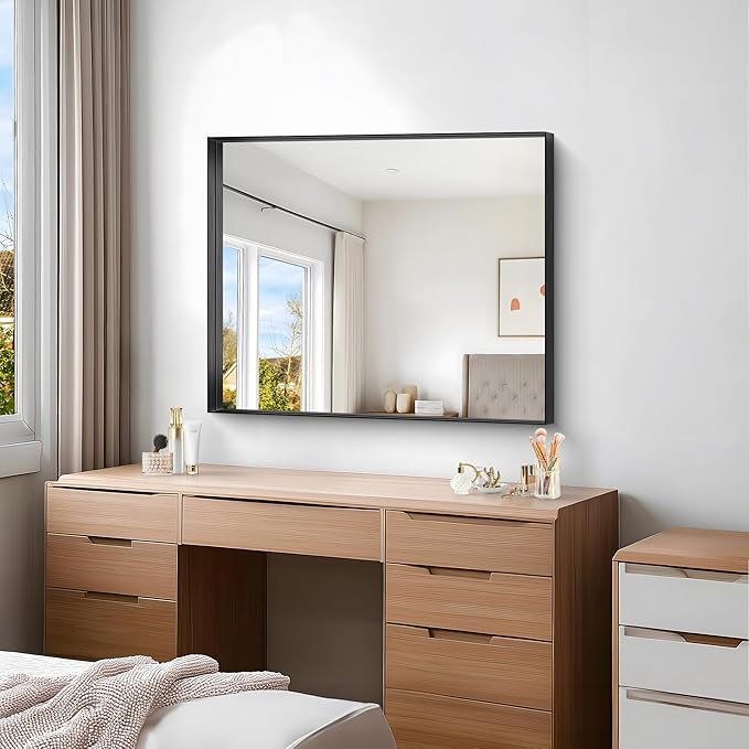 Black Bathroom Mirror, 30x36 Inch Rectangular Framed Mirror, Large Wall Mounted