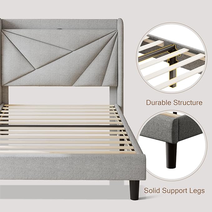 Twin Size Upholstered Bed Frame with Charging Station, Platform Bed Frame with Storage Headboard, Solid Wood Slats Support, No Box Spring Needed, Light Gray