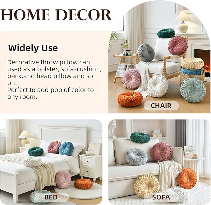 Teieas Round Throw Pillow Velvet Home Decoration Pleated Round Pillow Cushion for Couch Chair Bed Car Blush