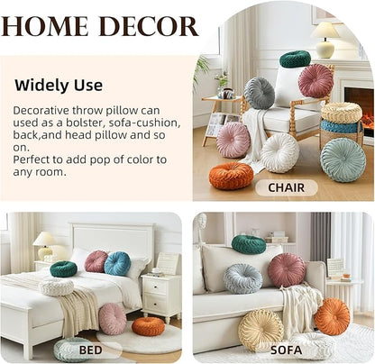 Teieas Round Throw Pillow Velvet Home Decoration Pleated Round Pillow Cushion for Couch Chair Bed Car Blush