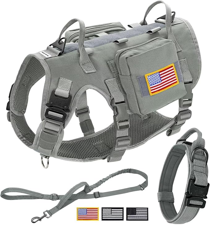 Forestpaw Tactical Dog Harness Tactical Dog Collar with Bungee Leash Set,No Pull Military Dog Harness for Walking Training,Adjustable for Medium Dogs,Gray,Chest 17-25"