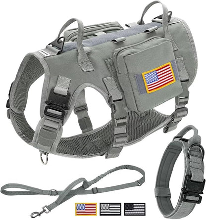 Forestpaw Tactical Dog Harness Tactical Dog Collar with Bungee Leash Set,No Pull Military Dog Harness for Walking Training,Adjustable for Medium Dogs,Gray,Chest 17-25"