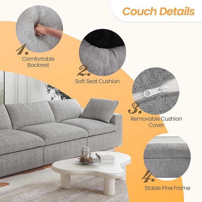 JACH Modular Sectional Couch for Living Room, Modern Convertible Couches, 3 Seats Soft Cloud Couch, Cushion Covers Removable, Modular Sectional Sofas for Living Room Apartment, (Grey)