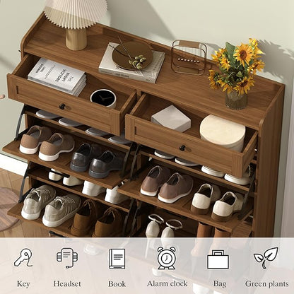 Shoe Cabinet with 4 Flip Drawers & 2 Storage Drawers, Rustic Farmhouse Narrow