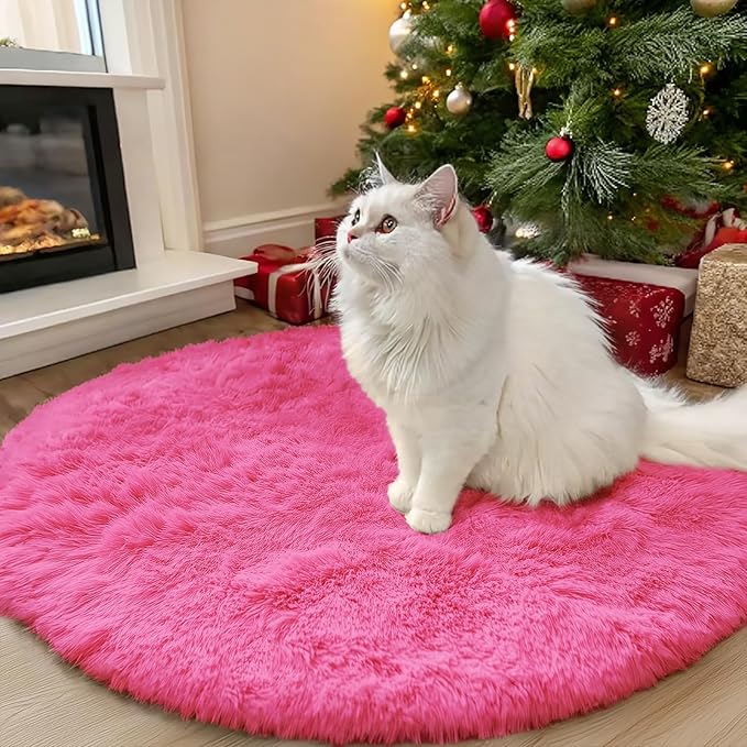 OLANLY Hot Pink Round Rugs for Bedroom - Machine Washable, 3 ft Circle Area Rugs for Living Room, Soft and Fluffy Shaggy Carpet for Teen Girls and Boys, Nursery Rooms, Dorms, Home Decor Aesthetic