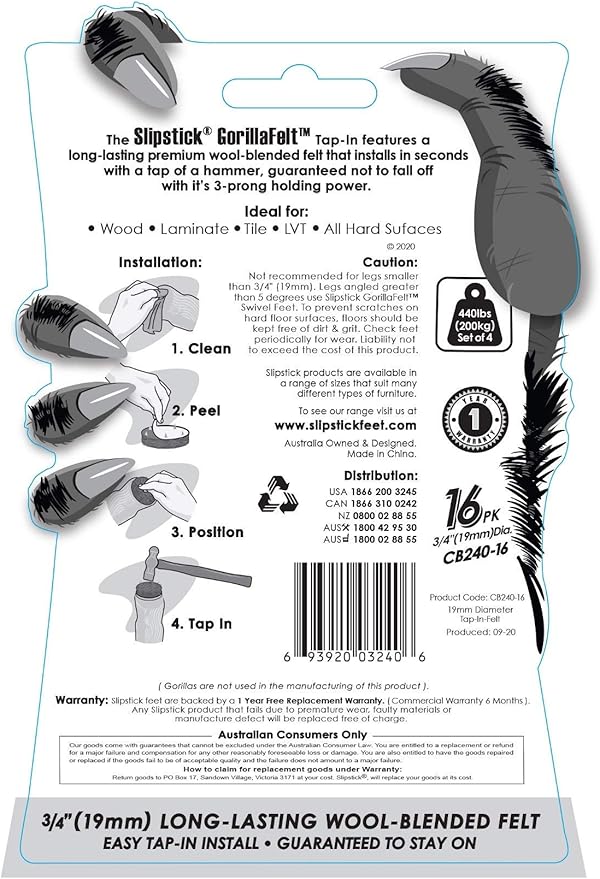 Slipstick GorillaFelt 3/4 Inch Chair Leg Floor Protectors/Felt Glides (Set of 16) Tap On Felt Furniture Pads Guaranteed to Stay On, Round Sliders, CB240-16