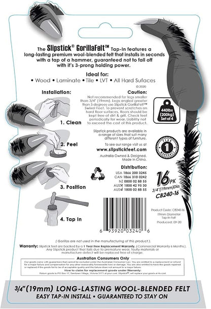 Slipstick GorillaFelt 3/4 Inch Chair Leg Floor Protectors/Felt Glides (Set of 16) Tap On Felt Furniture Pads Guaranteed to Stay On, Round Sliders, CB240-16
