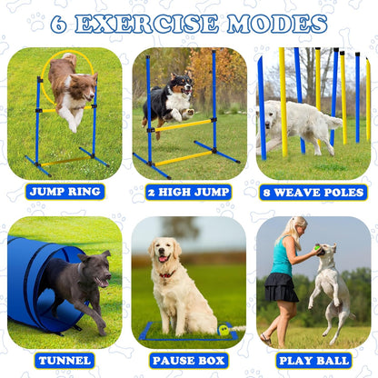 Dog Agility Course Backyard Set，Dog Agility Equipment, Dog Obstacle Course Backyard With 2-Set Agility Hurdle ，Jump Ring, 8 Weave Poles, Tunnel, Pause Box, Toy Balls And 2 Portable Carrying Bags