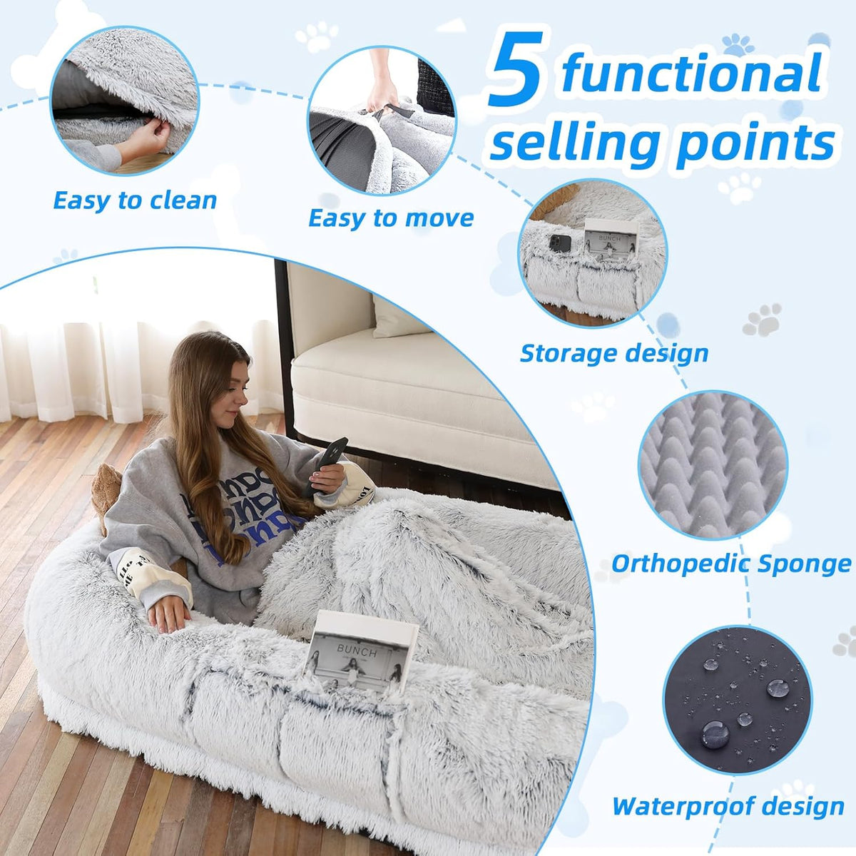 Human Dog Bed - 71"x45"x12" Fits You & Pets, Washable Faux Fur, Orthopedic, Plump Pillow, Blanket, Strap - Grey