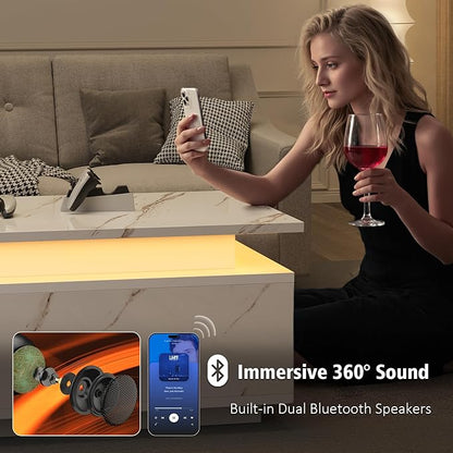 LED Coffee Table, 47.2" Coffee Tables for Living Room with Wireless Charging & Bluetooth Speaker, Smart Center Table for Living Room with Storage, White Marble Tables