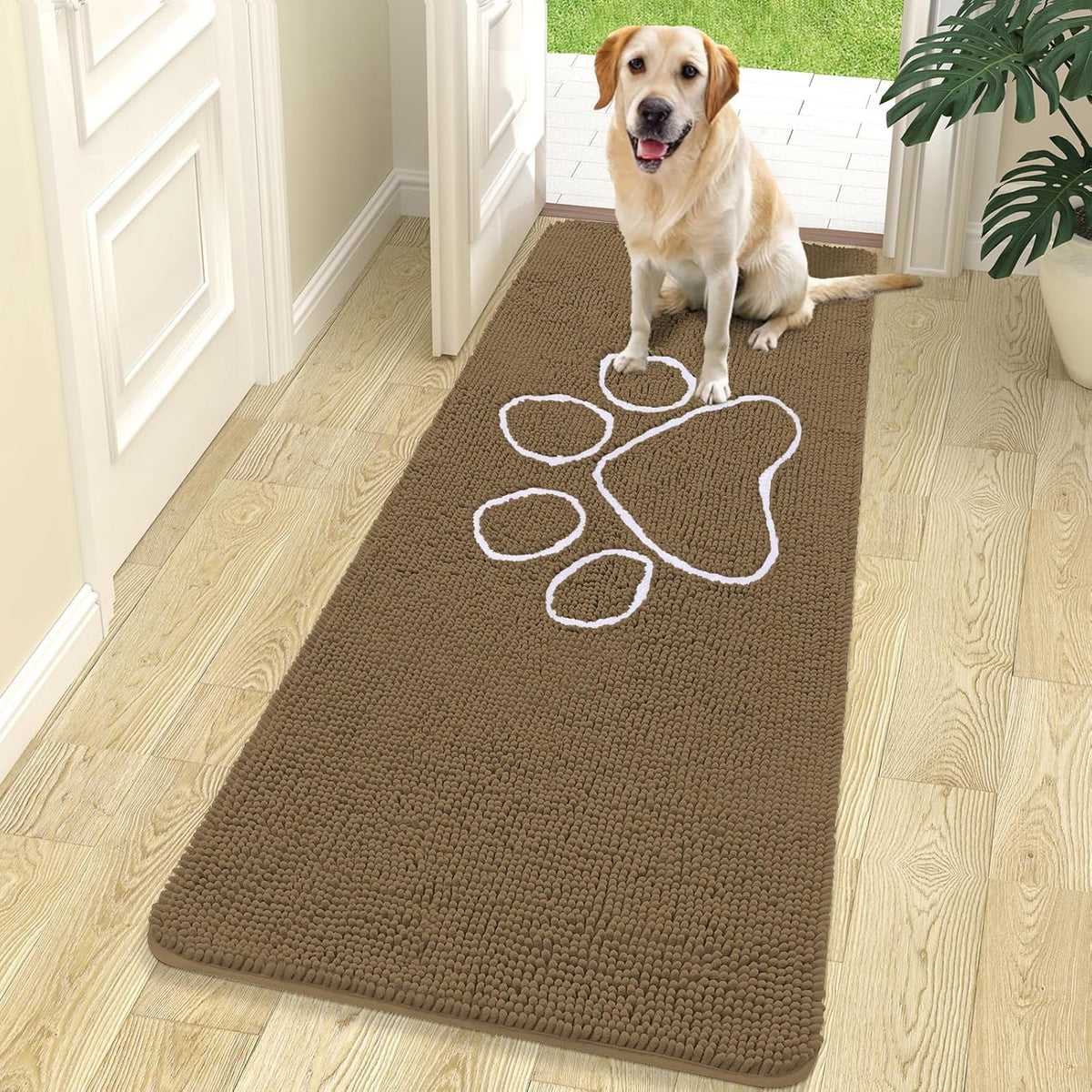 OLANLY Door Mat for Muddy Dog Paws 70x24, Ultra Absorbent Chenille Mud Doormat with Paw Print Design, Non-Slip Washable Doormat for Indoor Entryway, Quick-Dry Pet Bed Mats for Dirty Dogs, Tan