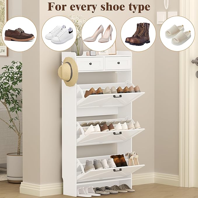 Shoe Cabinet with 3 Flip Drawers & 2 Storage Drawers, Rustic Farmhouse Narrow