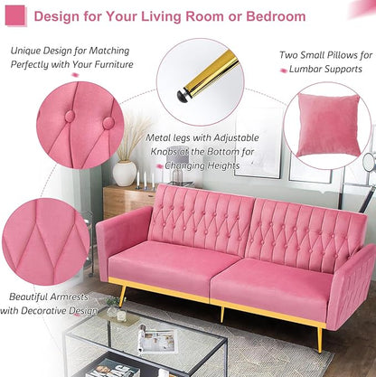 70” Velvet Futon Sofa Bed with 2 Pillows and Adjustable Armrests, Convertible Sleeper Bed, Modern Loveseat for Living Room, Bedroom, Pink