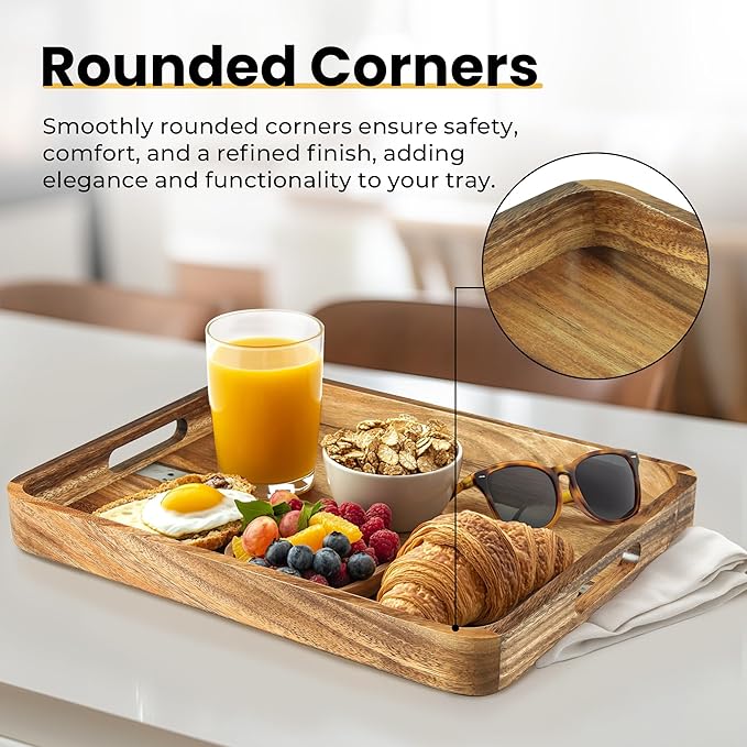 Acacia Wood Serving Tray with Handles, 17’’x13’’ Rectangular Decorative Ottoman Tray for Living Room, Coffee Table Tray for Decor, Breakfast in Bed