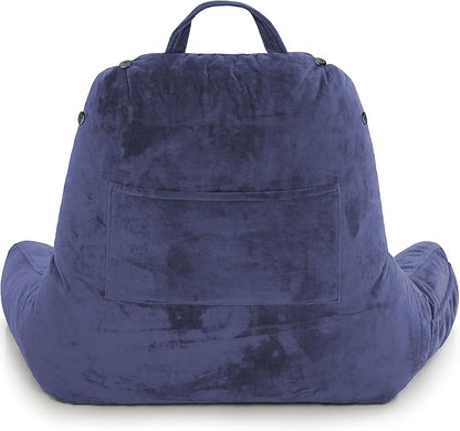 Husband Pillow Medium Dark Blue, Backrest for Kids, Teens, Petite Adults - Reading Pillows with Arms, Adjustable Loft, Plush Memory Foam, Bed Rest Chair Sitting Up, Detach Neck Roll, Removable Cover