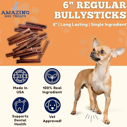 Amazing Dog Treats - 6 Inch Medium Size Bully Sticks (20 Count) - Bulk Bully Sticks for Dogs - No Hide Bully Stick Dog Bones