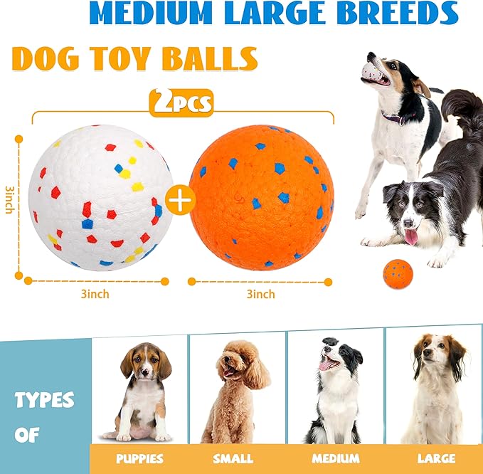 2pack 3''Durable Dog Balls for Aggressive Chewers, Indestructible Bouncy Floating Balls for Training, Catch and Fetch, Durable Solid Tennis Ball Toys for Large, Medium Dogs - White, Orange