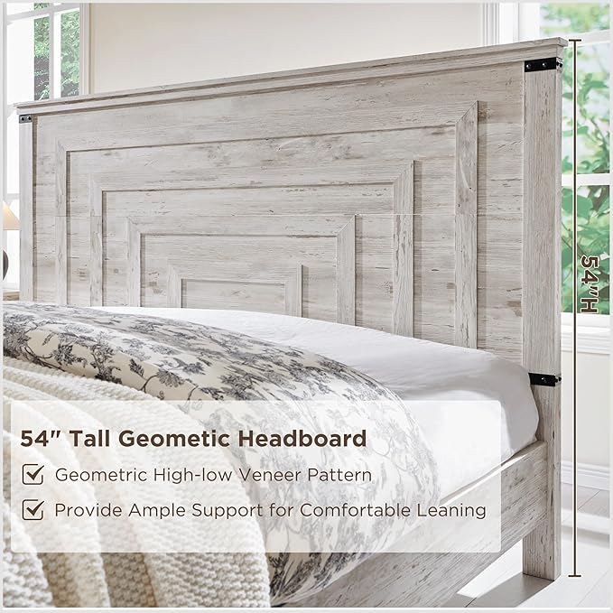 RedLemon Farmhouse Queen Size Bed Frame w/ 54" Tall Geometric Headboard, Rustic Wood Platform Bed w/ 2 Large Storage Drawers, Wood Slats Support, Noise Free, No Box Spring Needed, Antique Brush White