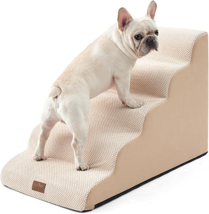 Extra Wide Dog Stairs 19.7" Width, Pet Step for Small Medium/Large Dog, Puppy or Cat, Pet Ramp for High Bed or Car, High Density Foam Ladder, Stable, 5 Step, 19.7x33x22.4 in, Beige