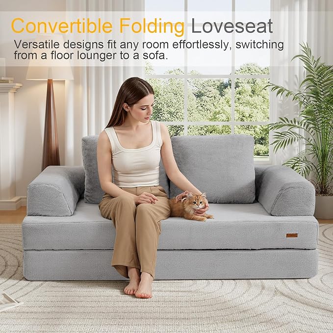 COMAX Convertible Sofa Bed, Folding Floor Couch Corduroy Fold Out Couch Bed Futon Sleeper Mattress with Pillows, Boneless Sofa Comfy Lounge Loveseat for Living Room Bedroom, Faux Fur Grey