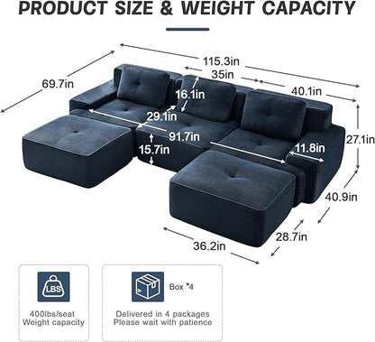 115" Modern Corduroy Cloud Sofa with Ottoman, U Shaped Boneless Modular Large Sectional Couches for Living Room, Blue 3 Seater Compressed Memory Foam Couch, Extra Deep Seat, No Assembly