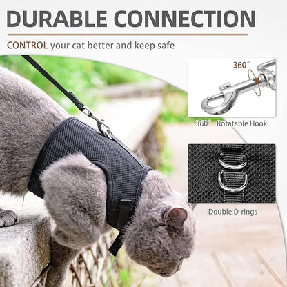 PUPTECK Soft Mesh Cat Vest Harness and Leash Set Puppy Padded Pet Harnesses Escape Proof for Cats Small Dogs Rabbits Bunny, Black Large