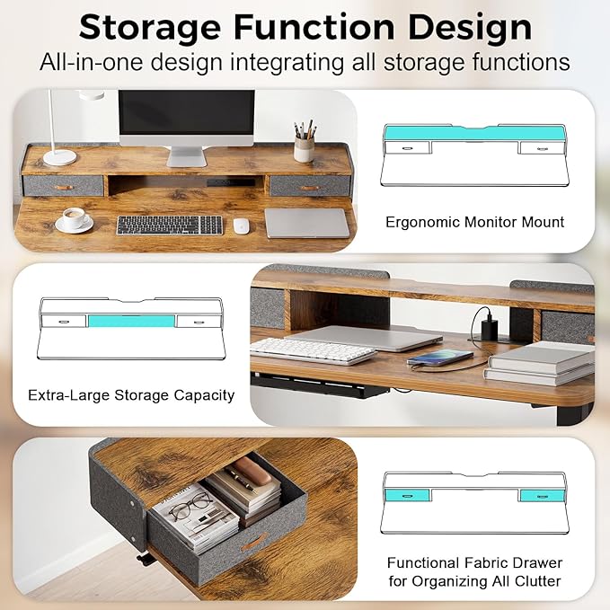 Electric Standing Desk with Drawers, 63 Inch Height Adjustable Desk with Power