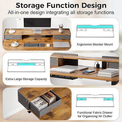 Electric Standing Desk with Drawers, 63 Inch Height Adjustable Desk with Power