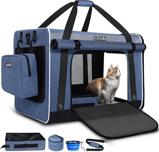 Petskd Extra Large Cat Carrier for 55LBS Pet Car Travel with Litter Box, 24"x17"x17" Soft Large Cats or Medium Dog Carrier with 5 Breathable Mesh Windows and Locking Zippers for Long Distance(Blue)