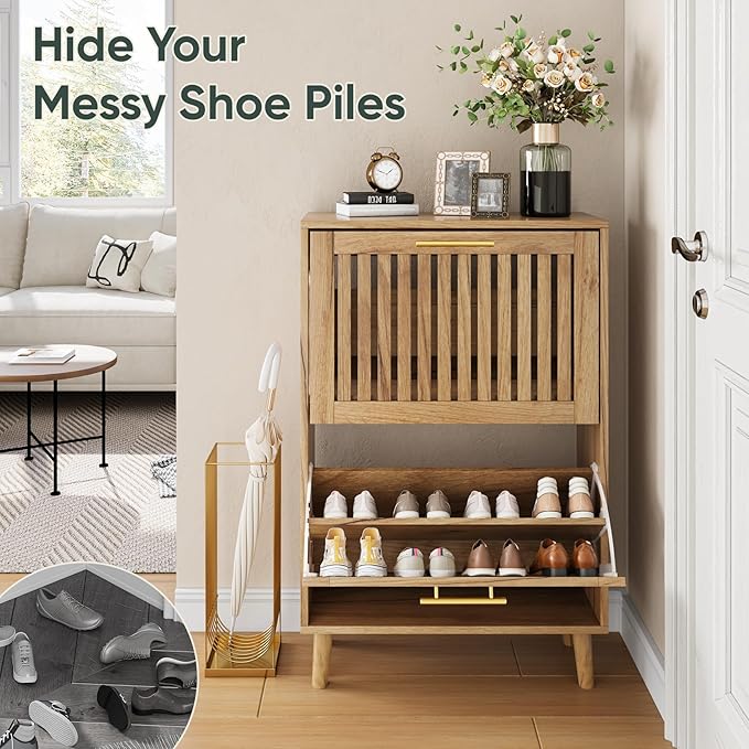 Shoe Cabinet with 2 Flip Slatted Drawers, Farmhouse Slim Shoe Organizer Rack
