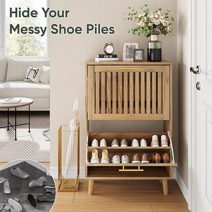 Shoe Cabinet with 2 Flip Slatted Drawers, Farmhouse Slim Shoe Organizer Rack