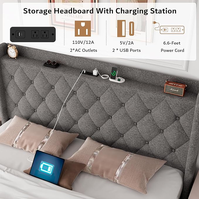 iPormis Queen Size Lift Up Storage Bed Frame with Charging Station, Upholstered Platform Bed Frame with Tufted Headboard, Hydraulic Storage, No Box Spring Needed, Noise-Free, Easy Assembly, light Grey
