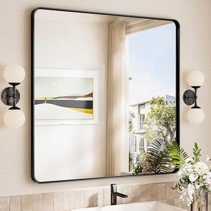 TokeShimi 36x36 Matte Black Bathroom Mirror, Bathroom Vanity Mirror Square